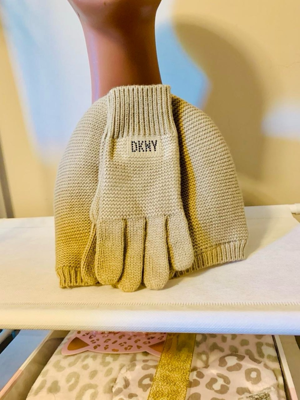 Dkny Kids Cream Knit Beanie with Matching Gloves